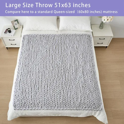 Miniatura 5 de Bigacogo Manta de punto grueso de 51 x 63 pulgadas, manta de felpilla 100% tejida a mano, manta grande de punto trenzado suave y grueso, manta Gris