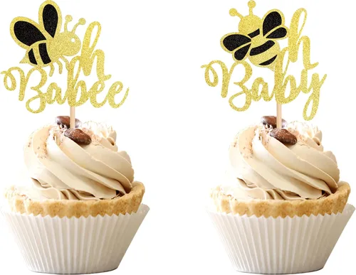 Miniatura 8 de 24 piezas de adornos para cupcakes Bee Oh Baby con purpurina dorada Bumble Bee Oh Babee, palillos para cupcakes con tema de bumble bee para baby