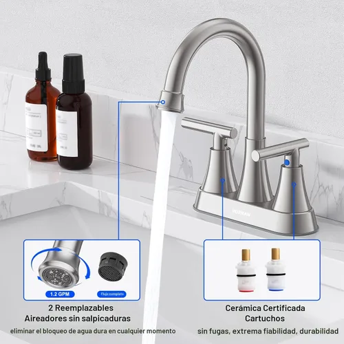 Miniatura 4 de Hurran - Grifos de baño para fregadero de 3 agujeros, grifo de fregadero de baño de níquel cepillado de 4 pulgadas con mangueras de drenaje 2