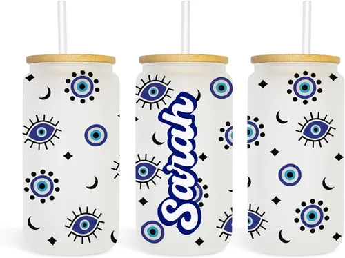 Elegante lata de vidrio de 16 onzas con popote y tapa de bambú, regalo único para buena suerte y energía positiva