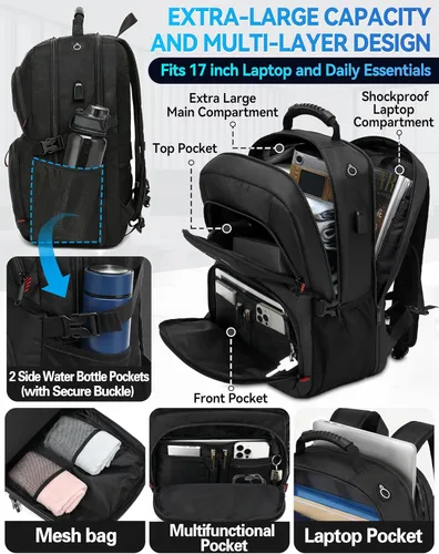 Miniatura 3 de ProEtrade Mochila de viaje extra grande para portátil, antirrobo, para escuela y negocios, con puerto de carga USB, para portátil de 17 pulgadas
