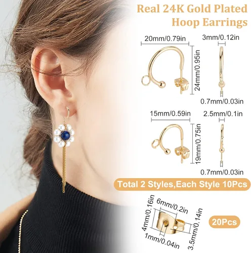 Miniatura 2 de Beebeecraft 20 aretes de aro de 2 tamaños chapados en oro de 24 quilates de acero inoxidable con lazo y tuercas de oreja para mujer, joyería