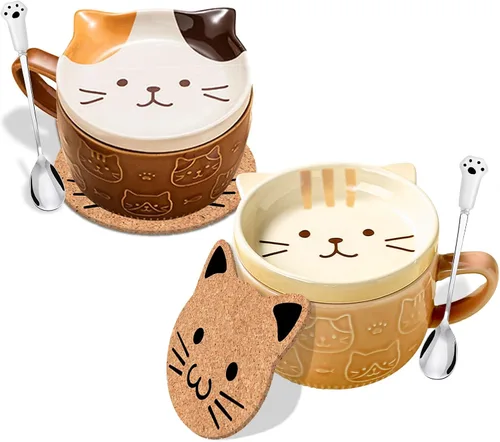 BigNoseDeer 2 tazas lindas de cerámica Kawaii con gato, taza de café con tapa, tazas de té y platillos para postre, regalos lindos para amantes de