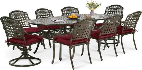 Juego de comedor de patio de 9 piezas, mesa y sillas de patio al aire libre, mesa de comedor ovalada de aluminio fundido de 84 pulgadas con agujero