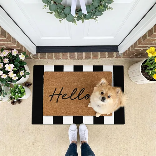Miniatura 2 de KOZYFLY Alfombra a rayas blancas y negras de 2 x 3 pies, tejido de algodón, lavable, para interiores y exteriores, alfombra pequeña para puerta