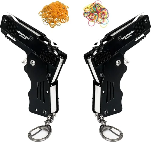 2 paquetes de mini pistola de goma plegable de metal con llavero y más de 100 bandas de goma.