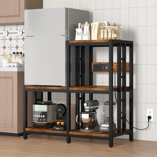 Miniatura 9 de Mini soporte para refrigerador con almacenamiento con toma de corriente, soporte para horno de microondas, estante para panaderos con estante