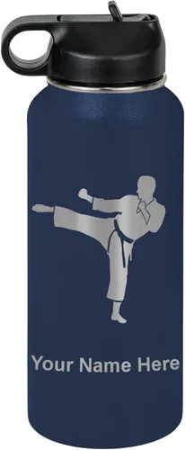 Miniatura 64 de Botella de agua personalizada LaserGram, Karate Man, de acero inoxidable con doble pared aislada al vacío con tapa abatible, regalo personalizado