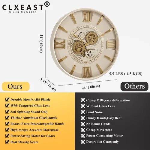 Miniatura 4 de CLXEAST Relojes de pared modernos minimalistas de mediados de siglo, reloj de pared de 24 pulgadas con engranajes móviles, relojes de pared grandes