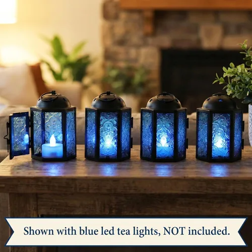 Miniatura 9 de VELA LANTERNS - Juego de 4 linternas para velas tea light, estilo mini marroquí, de 4.25" de tamaño pequeño, decorativas para mesa o colgar, metal