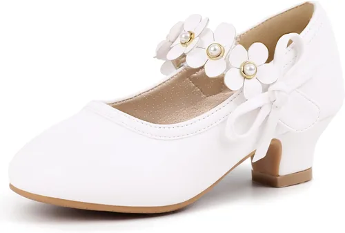 PANDANINJIA Zapatos de vestir para niñas, zapatos de tacón Mary Jane con flores, fiesta de boda, regreso a la escuela, zapatos de tacón para niños