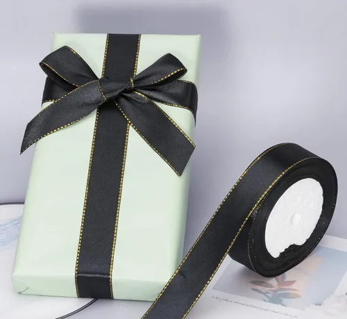Miniatura 5 de YASEO Cinta de satén negra de 25 yardas y 1 pulgada con bordes dorados, cintas de tela con borde dorado para envolver regalos y manualidades