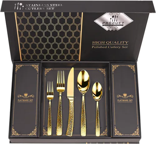 Miniatura 18 de Juego Retro Royal Negro de Cubiertos MIKIWAY con Caja de Regalo, 20 Piezas de Servicio de Cubiertos de Acero Inoxidable para 4, Juego de Vajilla