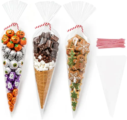 Miniatura 13 de EKAPACKAGING 50 bolsas de celofán para dulces en forma de cono con estampado de estrella de 7x15 pulgadas, con cierre giratorio triangular, bolsas