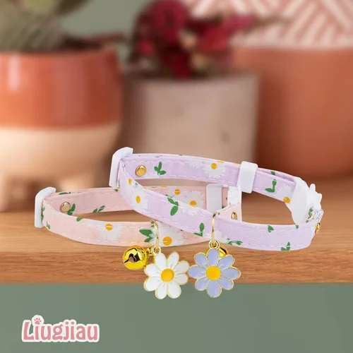 Miniatura 3 de Paquete de 2 Collares Separables de Algodón para Gatos con Campana y Pendientes de Flores Rosas y Moradas Lindo Collar para Gatito Adecuado