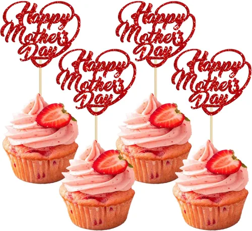 Miniatura 12 de Gyufise 1 pieza de decoración de pastel para el Día de la Madre con purpurina de corazón Love You Mom Cake Pick Rose Flower Best Mom Cupcake Decor