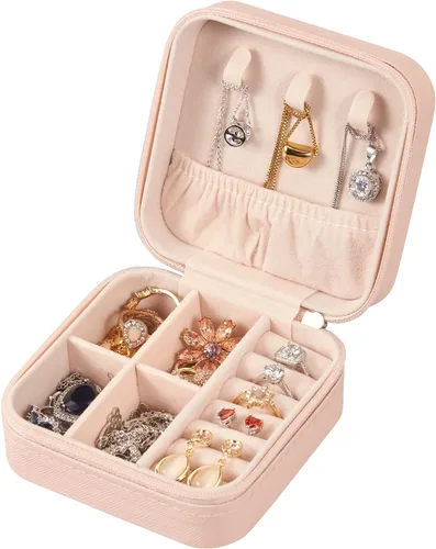 Miniatura 4 de LETURE Joyero pequeño de piel sintética, estuche portátil de viaje para anillos, colgantes, aretes, collares, organizador de pulseras, cajas