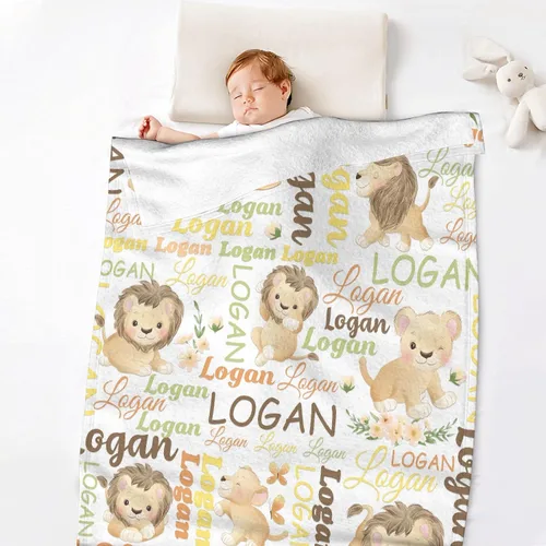 Miniatura 6 de Manta de bebé personalizada de Sandilya para niñas y niños con diseño de león, manta personalizada de bebé con nombre, manta envolvente para bebés