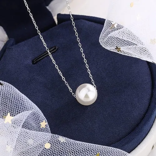 Miniatura 3 de Gargantilla flotante de plata de ley 925 con perlas de concha de 0.315in, collar de dama de honor para mujer, color blanco (CYX0009), Perla, Perla