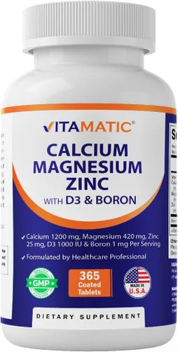 Vitamatic Calcio Magnesio Zinc D3 Boro | Suplemento de 365 tabletas recubiertas | Calcio 1200 mg, magnesio 420 mg, zinc 25 mg, vitamina D3 1000 UI,