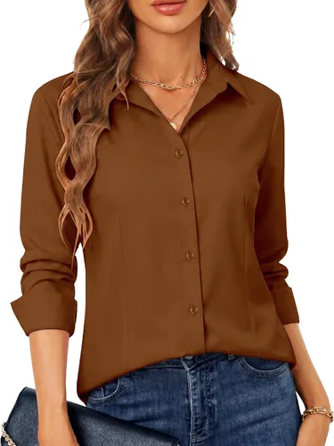 Miniatura 10 de BBIBBI Camisa de vestir elástica de manga larga con botones para mujer, blusa de trabajo casual de negocios (clásica, recortada y alta)