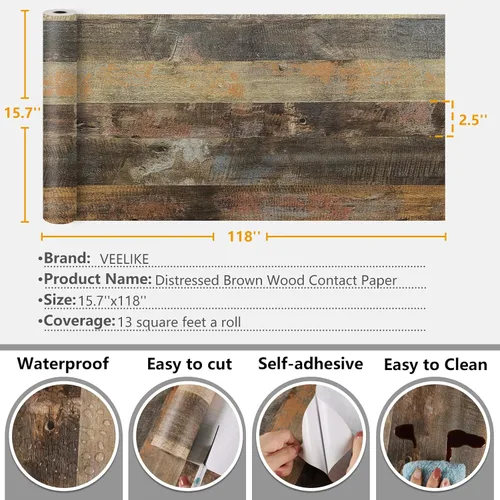Miniatura 8 de VEELIKE Papel adhesivo de madera astillada para encimeras, papel tapiz impermeable para despegar y pegar, papel tapiz de madera envejecida de 15.7 x