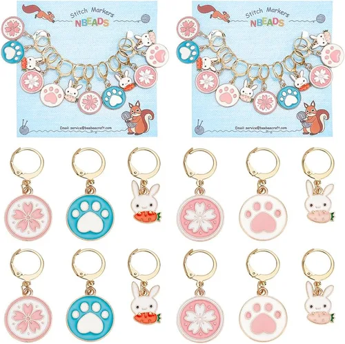 Miniatura 8 de NBEADS 20 piezas marcadores redondos de punto con anillo de animales, marcadores de punto de ganchillo esmaltados de aleación, cierre de acero
