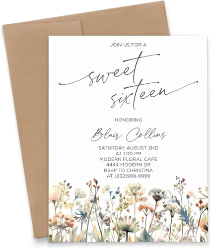 Acuarela de otoño de flores silvestres dulces 16 invitaciones, invitación floral personalizada de cumpleaños 16 para niñas, invitaciones modernas de