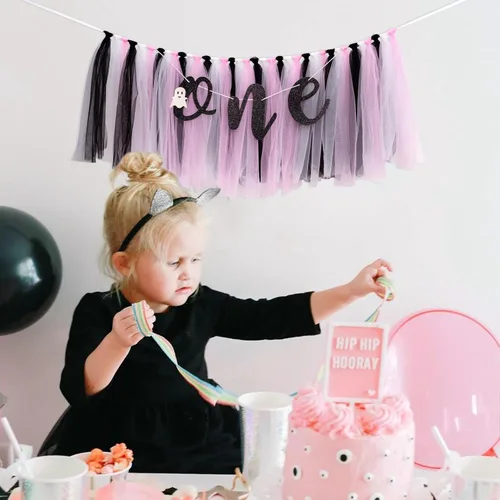 Miniatura 5 de Cartel de cumpleaños con temática de Halloween, decoración de fiesta de primer cumpleaños de fantasma pequeño, guirnalda espeluznante, tutú rosa