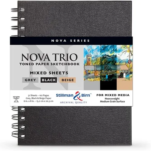 Stillman & Birn Nova Series Trio - Cuaderno de bocetos con alambre, 6 x 8 pulgadas, 5.29 oz/m² (pesado), papel beige, gris y negro, superficie de