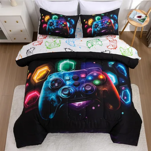 Miniatura 10 de NTBED Juego de edredón de consola de videojuegos de 5 piezas para niños y niñas, ropa de cama geométrica en una bolsa, de microfibra ligera