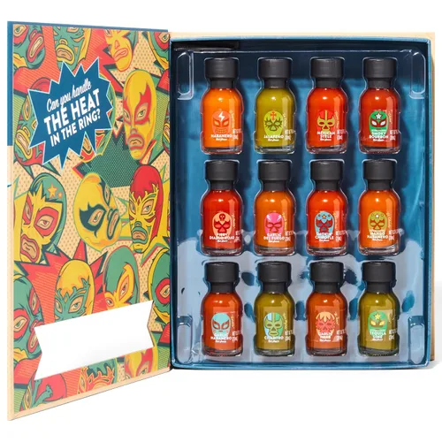 Miniatura 7 de Thoughtfully Gourmet, Luchador Hot Sauce Book Set de regalo, sabores incluyen bourbon ahumado, habanero, ajo del Fuego y más, muestra de salsa