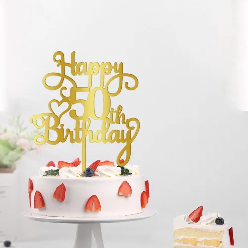 Miniatura 6 de Decoración de pastel de feliz cumpleaños 50, decoración acrílica dorada de doble cara, para decoración de pasteles de feliz cumpleaños 50