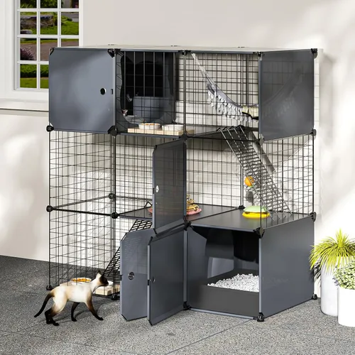 Miniatura 7 de Recinto Grande de 3 Niveles para Gatos para Interiores y Exteriores con Caja de Arena, Corralito Multifuncional Desmontable Catio - Jaula Perrera