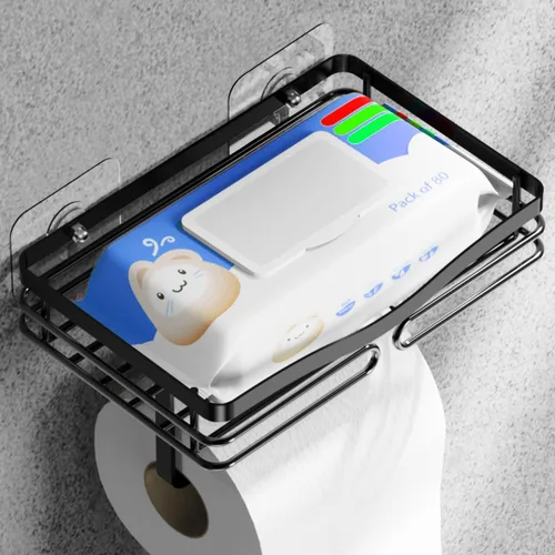 Soporte de papel higiénico con estante de almacenamiento, metal negro, montaje sin taladros, se adapta a toallitas húmedas de tamaño Costco, para