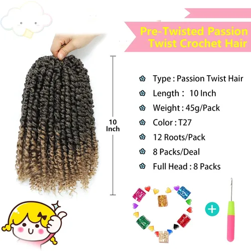 Miniatura 2 de Fulcrum Cabello Passion Twist de 10 pulgadas, 8 paquetes de cabello de ganchillo Passion Twist para mujeres negras, cabello pretrenzado de ganchillo
