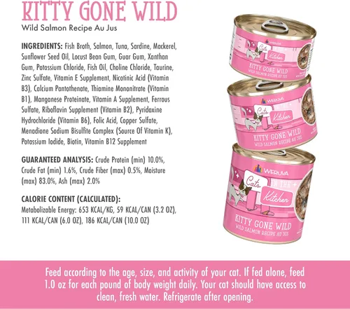 Miniatura 5 de Weruva Cats in The Kitchen, Kitty Gone Wild with Wild Salmon Au Jus - Alimento para gatos, lata de 6 onzas (paquete de 24)