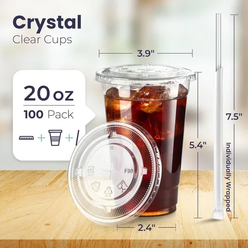 Miniatura 2 de Fit Meal Prep Paquete de 100 Vasos de Plástico para Café Helado de 20 oz con Tapas Planas y Pajitas Transparentes, Vaso Transparente Desechable