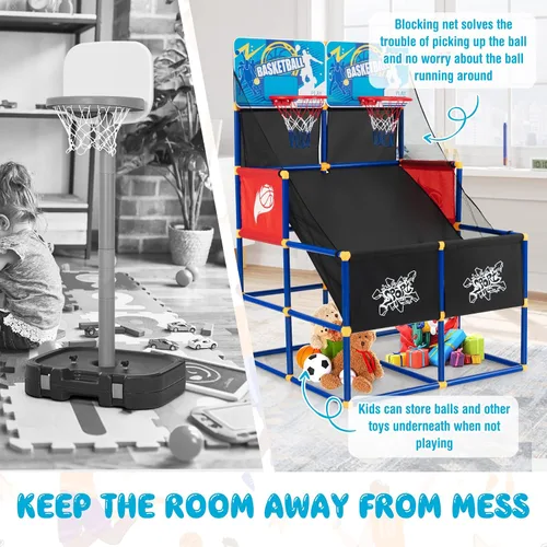 Miniatura 3 de Goplus Juego de baloncesto para niños, juego de baloncesto de doble disparo para 2 jugadores con 4 bolas y bomba de inflado, juego deportivo