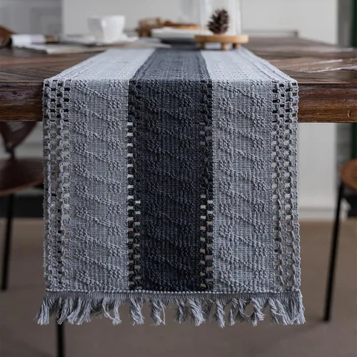 Miniatura 2 de Camino de Mesa de Macramé Gris Caminos de Mesa Bohemios con Borlas Camino de Mesa de Algodón Tejido a Mano Caminos de Mesa Rústicos de Granja