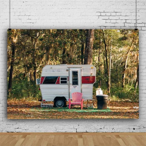 Miniatura 5 de Fondo de campamento para fiesta, campamento, 5 x 3 pies, bosque soleado, caravana, remolque, paisaje de naturaleza, fotografía de fondo, utilería