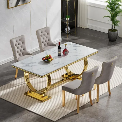 Miniatura 2 de HomVent Juego de mesa de comedor moderno para 4, juego de mesa de comedor de mármol sintético, juego de mesa de cocina rectangular con 4 sillas