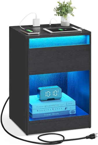 Miniatura 24 de VASAGLE Mesita de noche con estación de carga, 2 salidas de CA y 2 puertos USB, mesita de noche, mesa auxiliar con 3 cajones, estilo moderno, 13.8 x