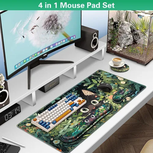 Miniatura 2 de Canjoy Lindo juego de alfombrillas de ratón de gatos negros, 4 en 1 alfombrilla de ratón de anime Kawaii + soporte para reposamuñecas para teclado +