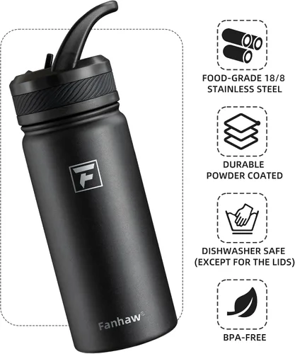Miniatura 3 de Fanhaw Botella de Agua Aislada para Niños de 18 Oz con Tapa de Pajita – Acero Inoxidable de Doble Pared al Vacío, A Prueba de Fugas, Botellas