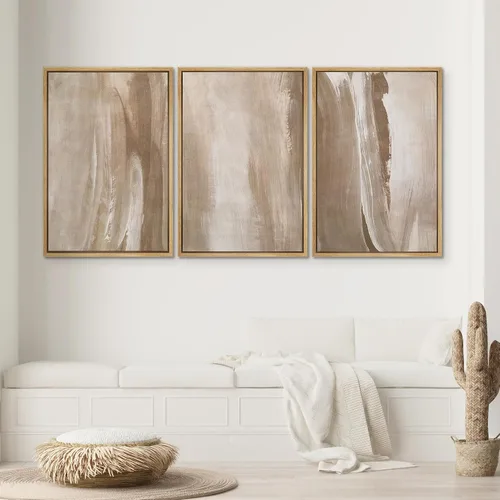 Miniatura 379 de SIGNWIN Lienzo enmarcado para pared, arte con pinceladas de flujo neutro en tonos beige abstractos, ilustraciones, arte moderno, decorativo