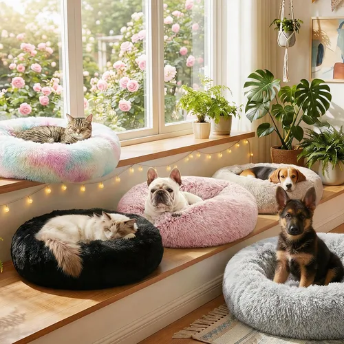 Miniatura 7 de Love's cabin Cama calmante para gatos de interior, cama redonda con forma de dona antiansiedad para perros, cama lavable de piel sintética esponjosa