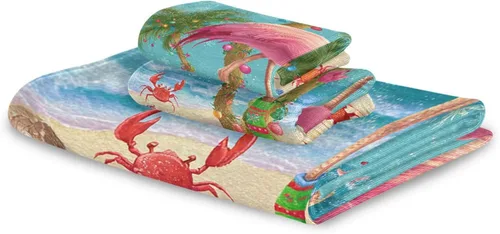 Miniatura 8 de Pfrewn Juego de 3 toallas de baño de Navidad con flamenco tropical, palmera y cangrejo, toallas de baño, suaves y absorbentes, toallas de mano