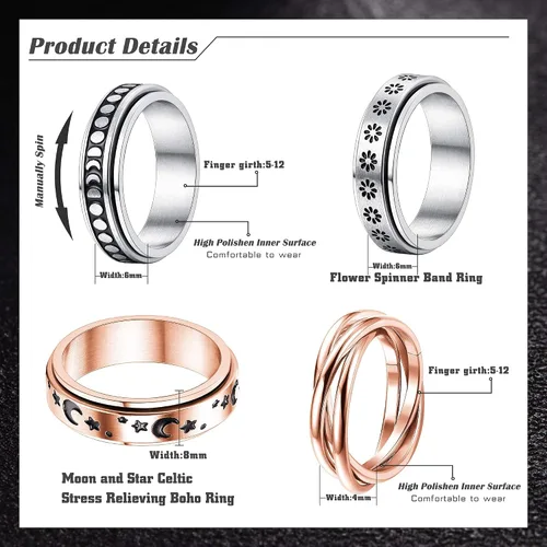 Miniatura 2 de FUNRUN JEWELRY Juego de 4 anillos giratorios de acero inoxidable para mujeres y hombres, anillos de banda para la ansiedad, luna, estrella, celta