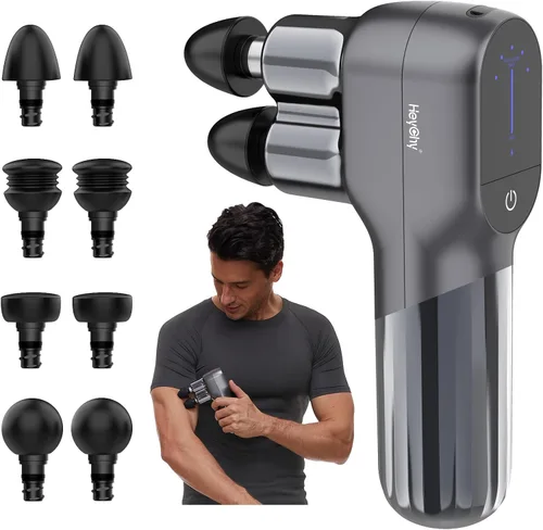 HEYCHY Mini pistola de masaje, masajeador de percusión de tejido profundo con doble cabeza, 5 niveles de velocidad y 4 accesorios, pistola portátil